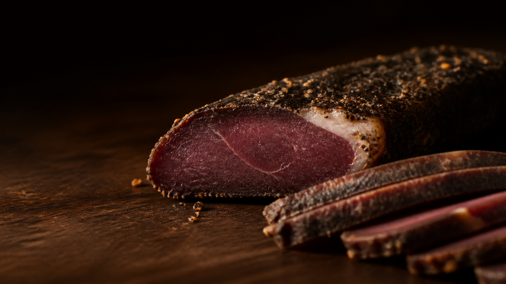 Freshly sliced Takis biltong on a wooden board
