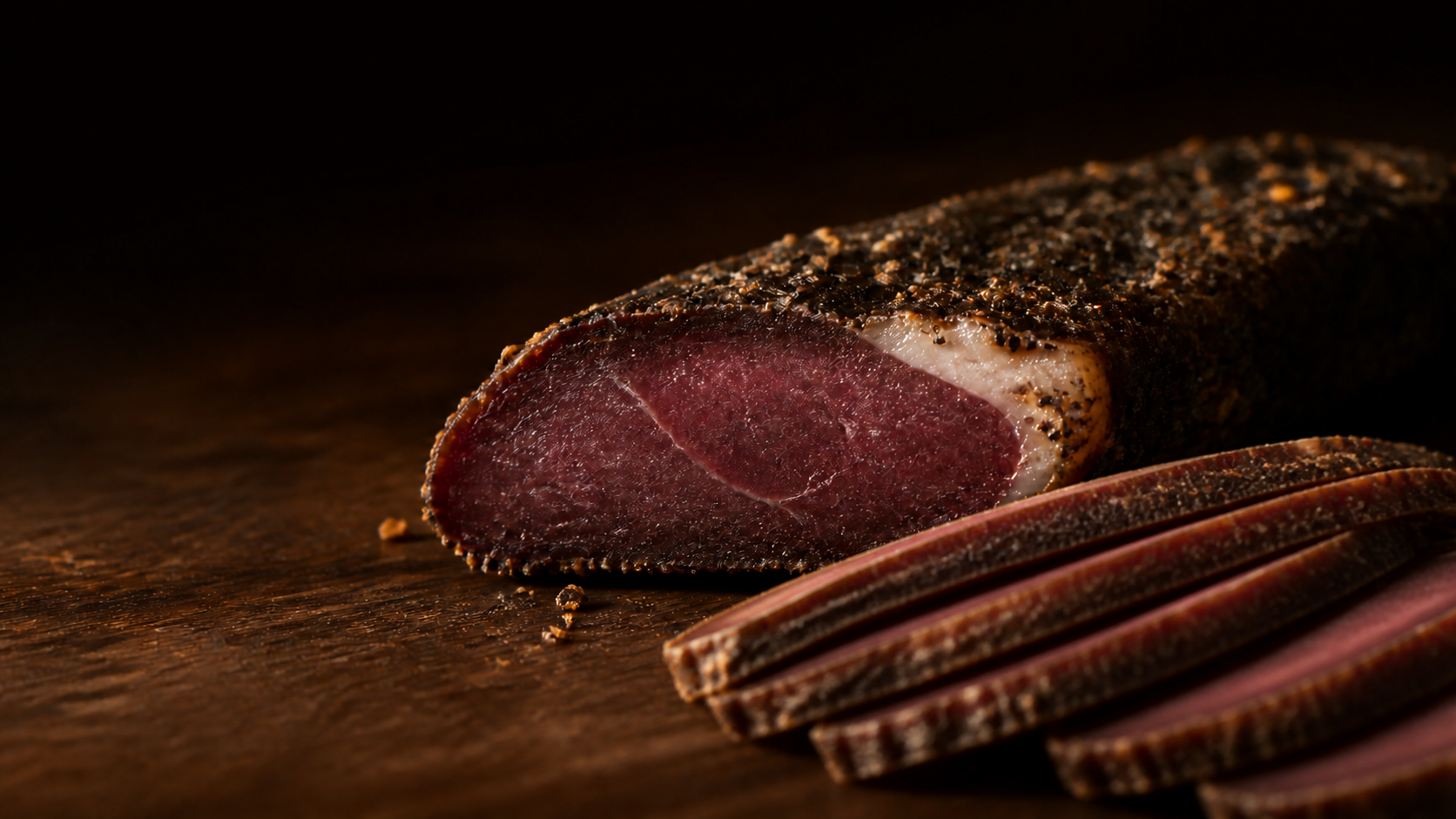 Close-up of freshly seasoned biltong